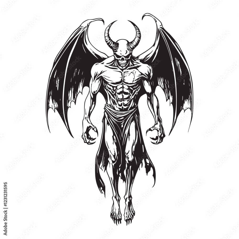 Obraz premium Menacing monochrome vector of a winged demon, detailed, muscular, horns, claws, gothic horror style, perfect for prints, tattoos, game design., Easy editable layere.