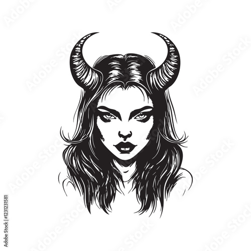Striking monochrome vector portrait of a horned demon woman, detailed, alluring, mysterious, perfect for fantasy, gothic, or tattoo designs.