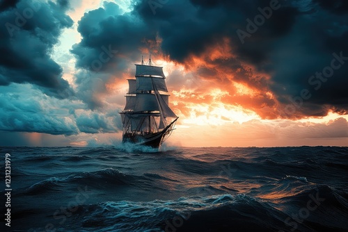 Silhouette of a ship on the distant horizon, battling through stormy seas, with dark clouds swirling overhead photo