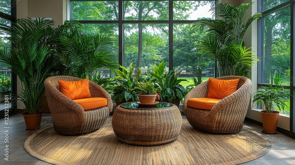 Cozy Sunroom with Wicker Chairs and Lush Greenery for Relaxation and Conversation Cozy Sunroom with Wicker Chairs and Lush Greenery for Relaxation and Conversation