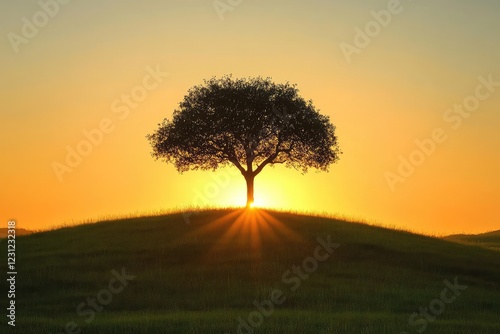 Silhouette of a solitary tree standing on a grassy knoll, with the setting sun casting a warm glow across the landscape photo