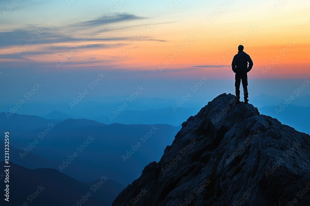 Silhouette of a solitary figure standing at the peak of a rugged mountain, looking out over a vast, twilight landscape Silhouette of a solitary figure standing at the peak of a rugged mountain, looking out over a vast, twilight landscape