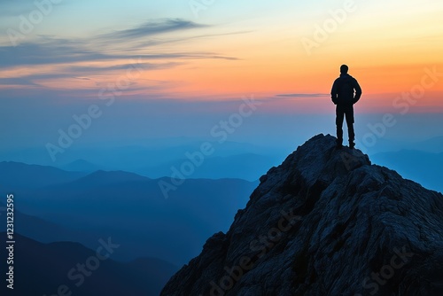 Silhouette of a solitary figure standing at the peak of a rugged mountain, looking out over a vast, twilight landscape photo