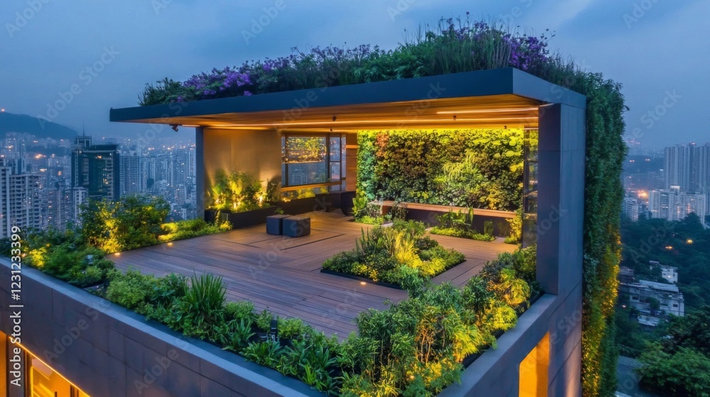 Fototapeta premium Modern Rooftop Garden with City Night View