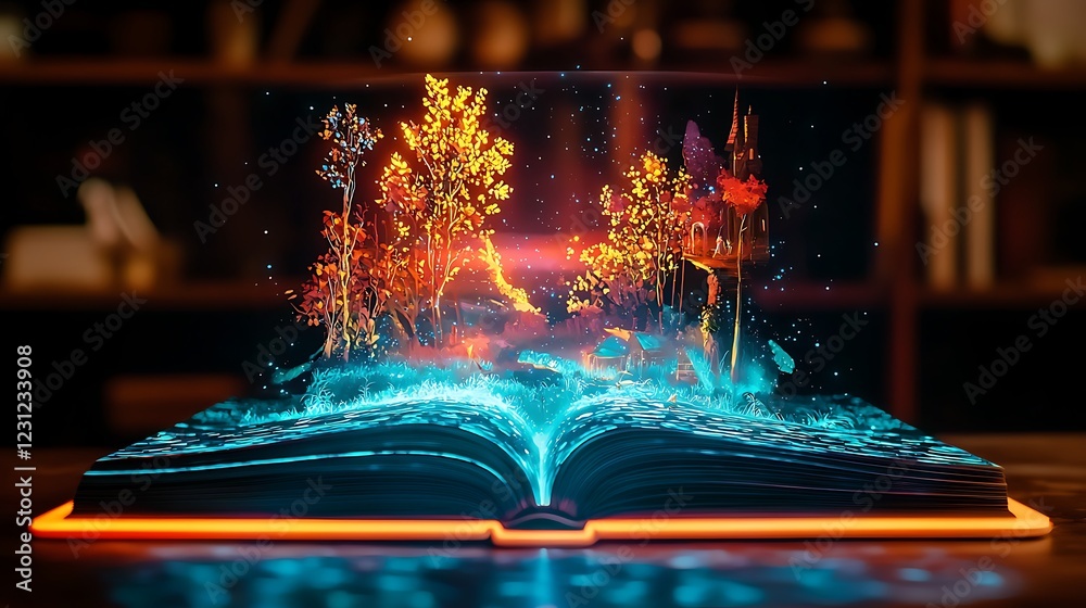 A dynamic holographic storybook with glowing edges, displaying vivid, animated tales that shift with the readers gestures.