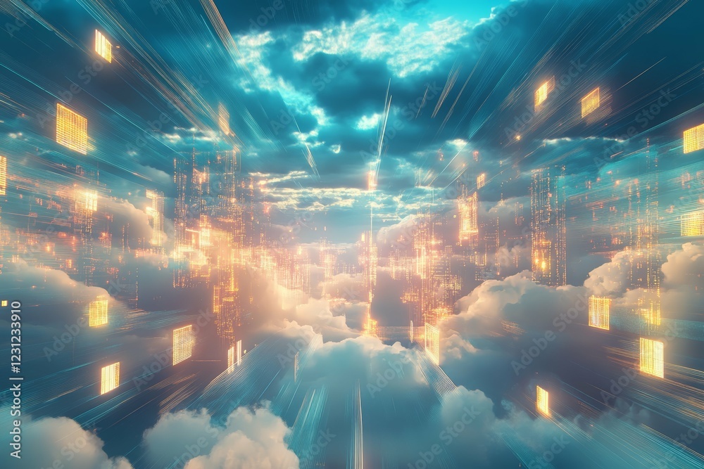 Futuristic Cloud Network with Glowing Digital Elements in Motion Futuristic Cloud Network with Glowing Digital Elements in Motion