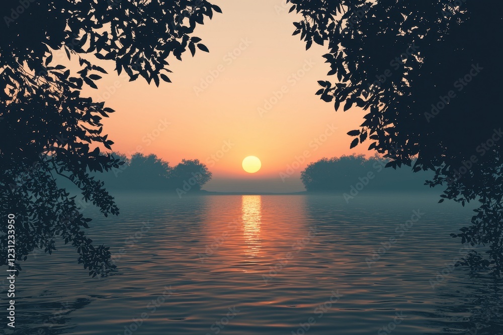Serene Sunset Over Calm Water with Silhouetted Trees Framing Scene Serene Sunset Over Calm Water with Silhouetted Trees Framing Scene