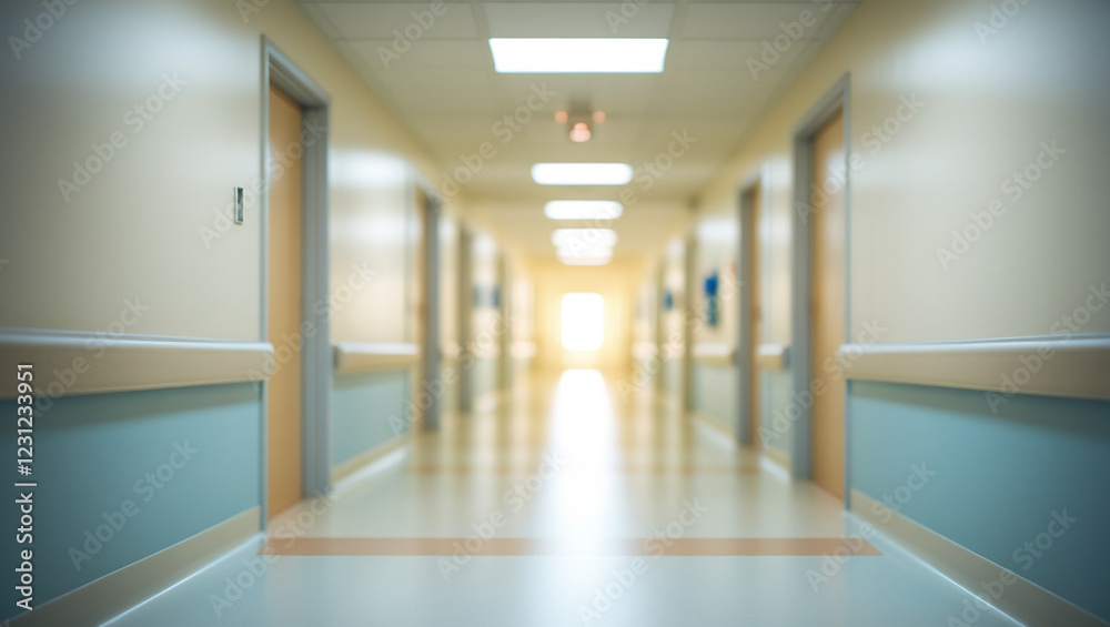 Blurred hospital corridor with soft, neutral tones for a clean space to overlay text Blurred hospital corridor with soft, neutral tones for a clean space to overlay text