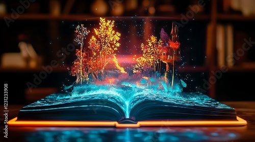 Obraz na płótnie A dynamic holographic storybook with glowing edges, displaying vivid, animated tales that shift with the readers gestures. w salonie