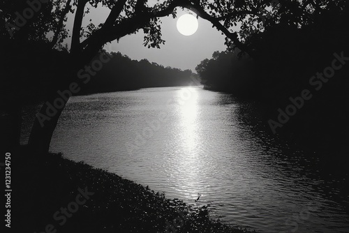Silhouette of a winding river reflecting the soft glow of the moonlight, bordered by dark, looming trees