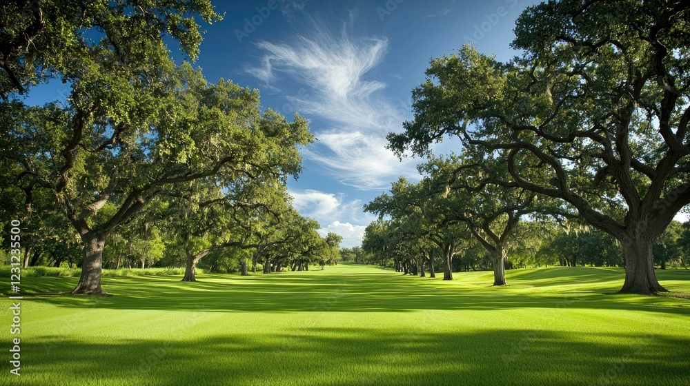 Serene Landscape: Picturesque Green Grass Field with Majestic Trees under a Blue Sky Serene Landscape: Picturesque Green Grass Field with Majestic Trees under a Blue Sky