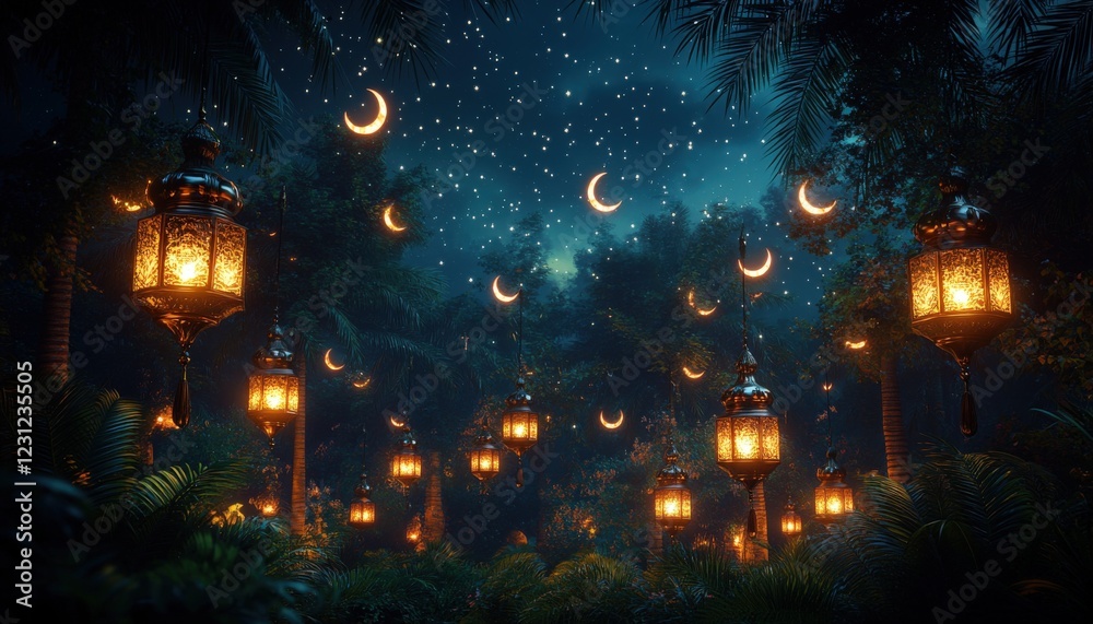 Magical Night Scene Illuminated Forest Path with Glowing Lanterns and Crescent Moons Magical Night Scene Illuminated Forest Path with Glowing Lanterns and Crescent Moons