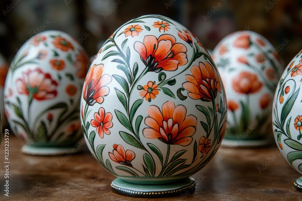 Ornate Floral Painted Eggs Displayed on Wooden Table in Artistic Setting for Decoration Ornate Floral Painted Eggs Displayed on Wooden Table in Artistic Setting for Decoration