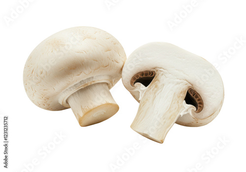 Two fresh mushrooms champignons, one whole and the other cut in half isolated on white background