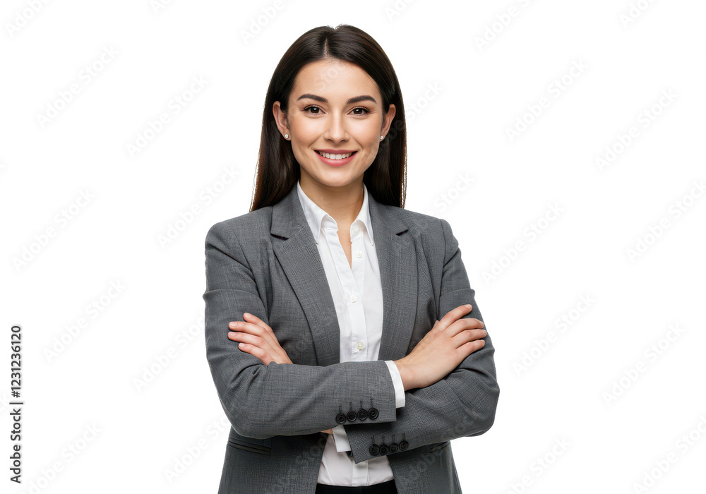 A professional woman in a gray blazer over a white blouse, standing with arms crossed, smiling confidently. The image is isolated on a white background A professional woman in a gray blazer over a white blouse, standing with arms crossed, smiling confidently. The image is isolated on a white background