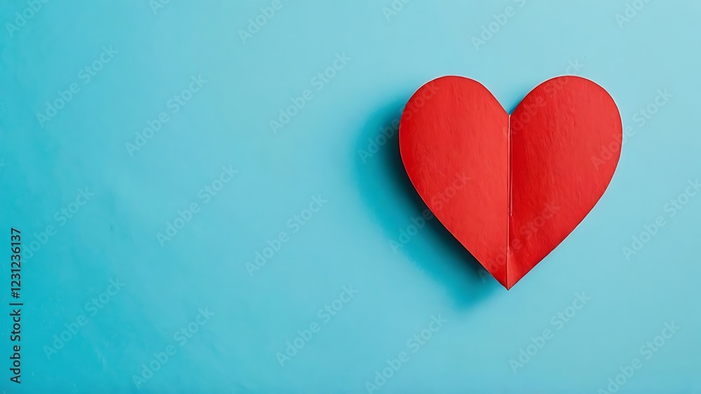 a single red paper heart on a blue background depicting love and warmth