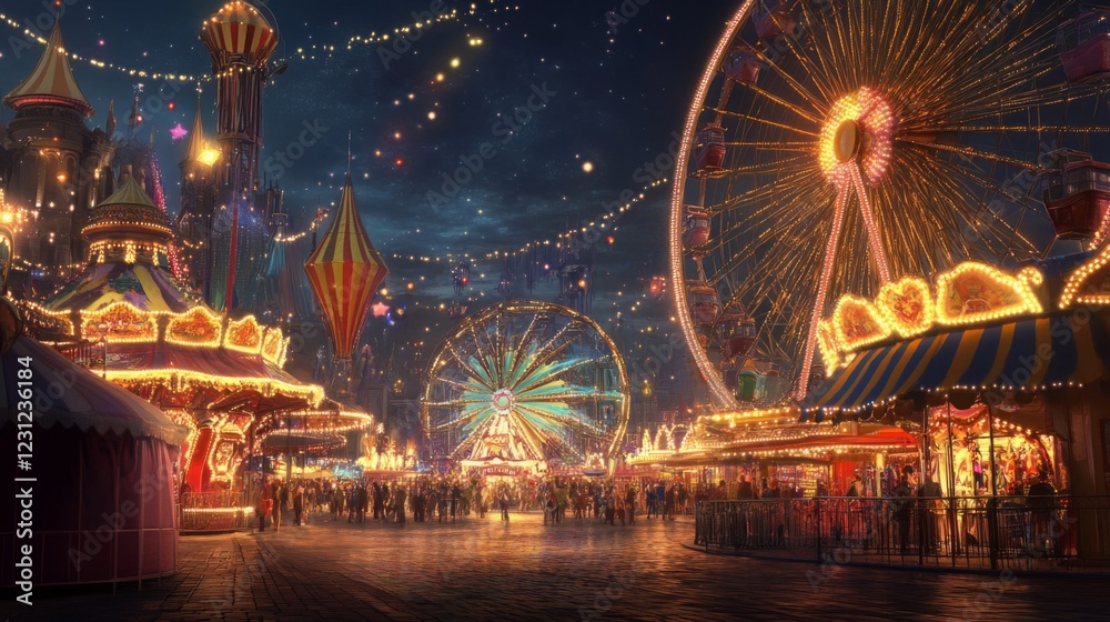 Obraz premium Night Amusement Park Ferris Wheel Colorful Lights Festive Atmosphere