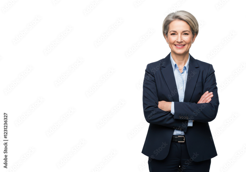 A professional middle-aged woman in a dark blue suit with a light blue shirt, standing with arms crossed and smiling A professional middle-aged woman in a dark blue suit with a light blue shirt, standing with arms crossed and smiling