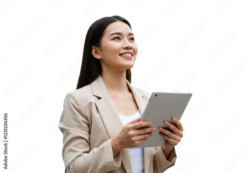A smiling young woman in a beige blazer over a white shirt, holding a tablet while standing outdoors, looking upward A smiling young woman in a beige blazer over a white shirt, holding a tablet while standing outdoors, looking upward