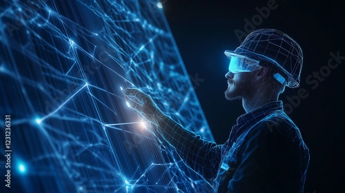 Fototapeta Naklejka Na Ścianę i Meble -  An engineer holding and examining a solar panel, set against a dark blue backdrop with intricate low poly wireframe designs and ample copy space.