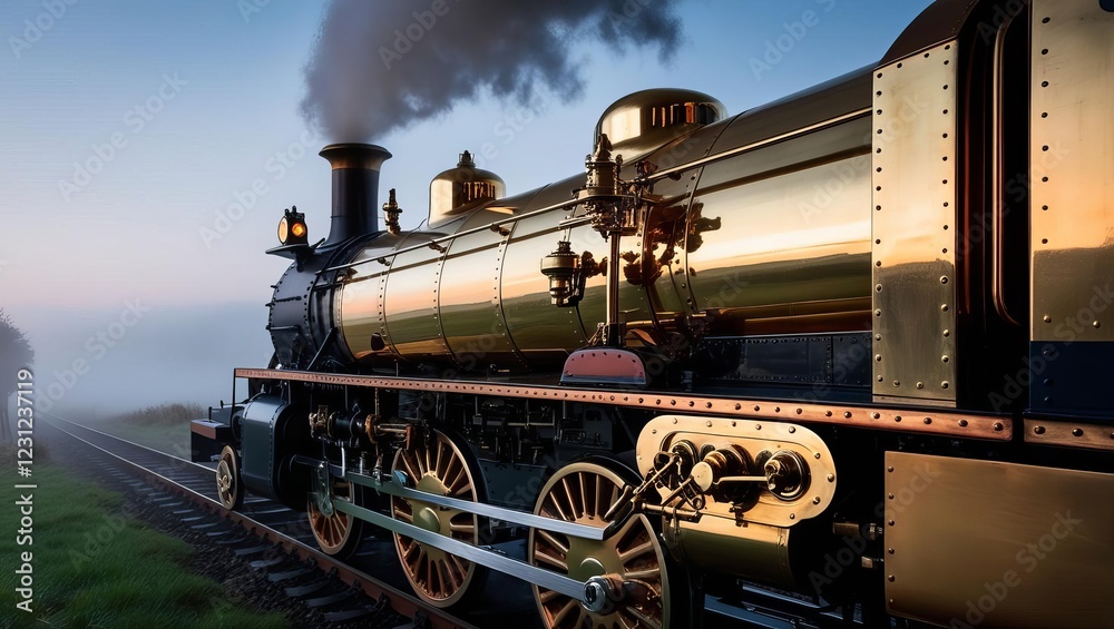 Naklejka premium A vintage steam locomotive emits steam, showcasing its gleaming metallic body against a misty landscape at dawn.