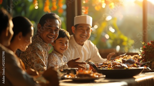 Indonesian family gathered for Hari Lebaran at home, sharing traditional dishes under golden sunlight, capturing the festive warmth of family traditions.