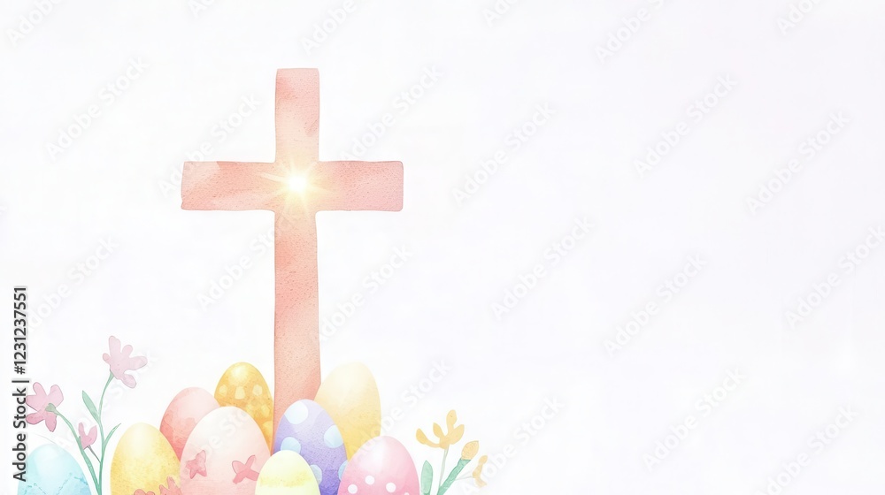 Obraz premium A pastel cross surrounded by colorful Easter eggs and flowers.