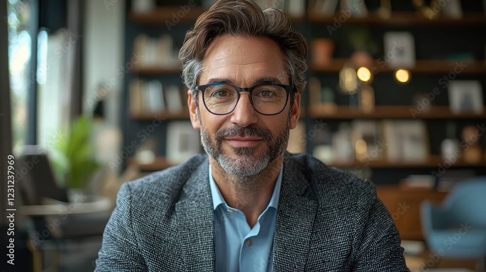Confident Businessman in Stylish Office Setting with Bookshelf Background Confident Businessman in Stylish Office Setting with Bookshelf Background