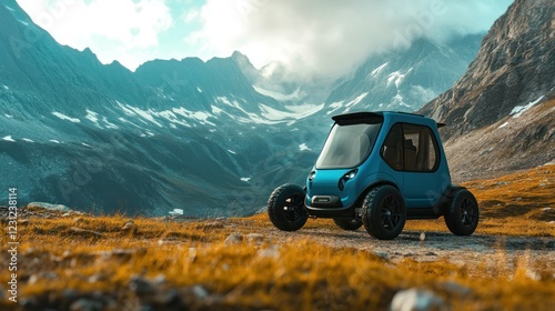 Scenic electric vehicle hire service near a mountain trail, featuring compact EVs and eco-friendly designs