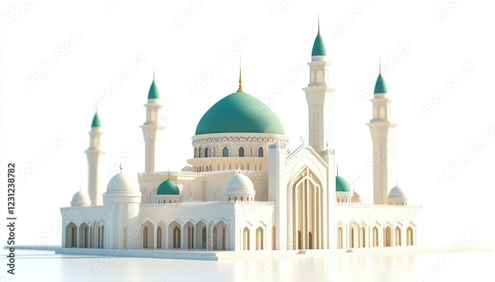 Fototapeta premium Majestic White Mosque Architectural Model Teal Domes Minarets Islamic Architecture