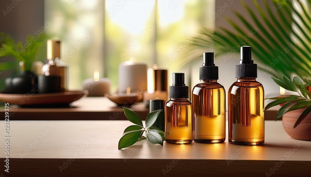 essential oil and oils. Bottles on the background of the spa room. Skin care serum or natural cosmetics 