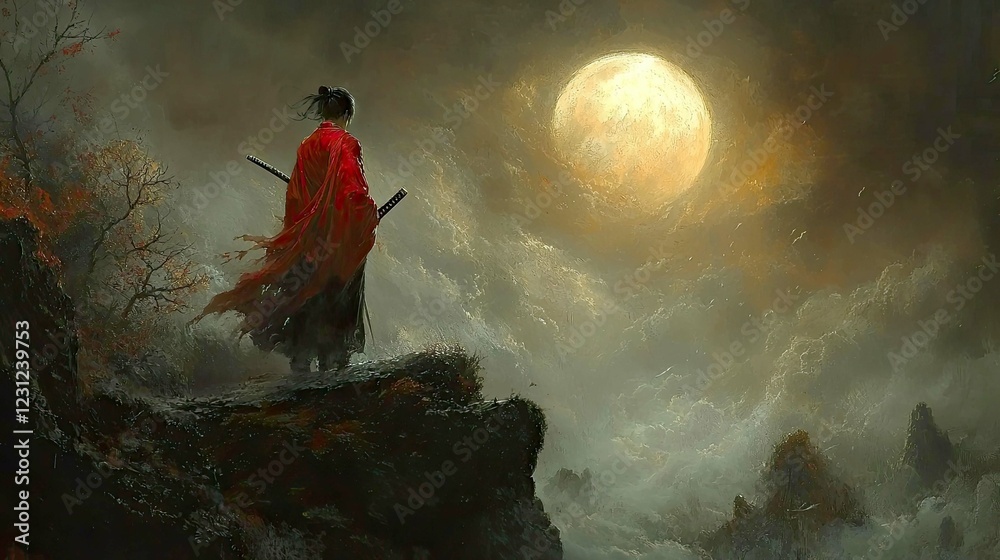 Fototapeta premium Solitary Samurai: A Moonlit Vigil on a Clifftop
