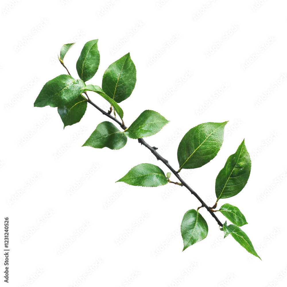Fototapeta premium Fresh Green Leaves on a Branch Side View
