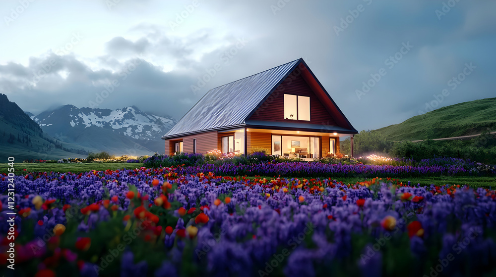 Modern cabin nestled in mountain flower field at dusk Modern cabin nestled in mountain flower field at dusk