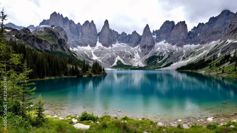 Mountain lake serenity, scenic vista, cloudscape background, travel postcard Mountain lake serenity, scenic vista, cloudscape background, travel postcard