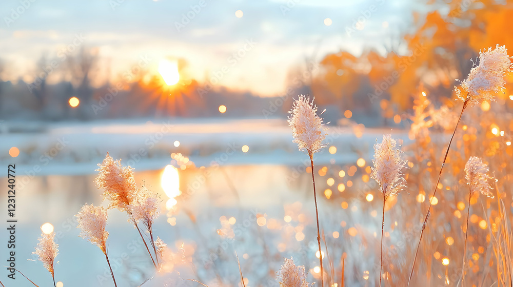 Snowy sunrise over calm river, frosted plants, winter landscape, serene nature scene, ideal for calendar Snowy sunrise over calm river, frosted plants, winter landscape, serene nature scene, ideal for calendar