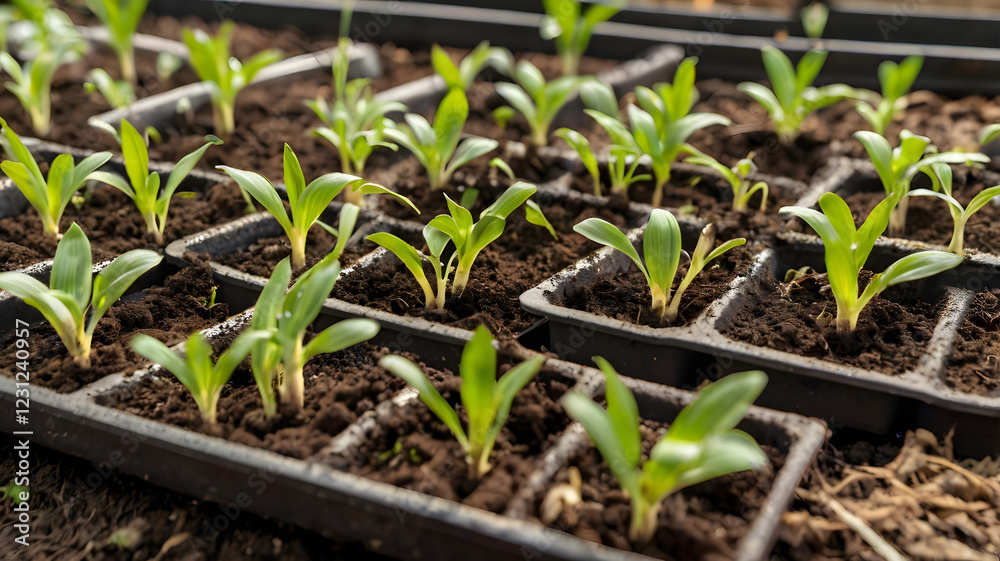 close-up shot of small green plants emerging from the soil in seed trays. They are growing in a neat row, signifying growth and new life. close-up shot of small green plants emerging from the soil in seed trays. They are growing in a neat row, signifying growth and new life.
