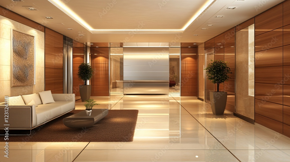 Fototapeta premium Elegant Modern Lobby Interior Design Featuring Wooden Walls