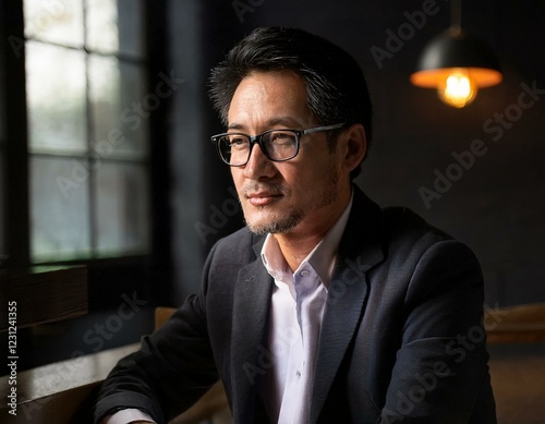 A sophisticated Japanese businessman, wearing glasses and sporting a slight goatee, is working in a cozy lounge.
