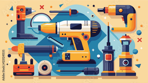 Stylized Power Tools Illustration – Drill, Saw, and Equipment for Construction and DIY Projects
