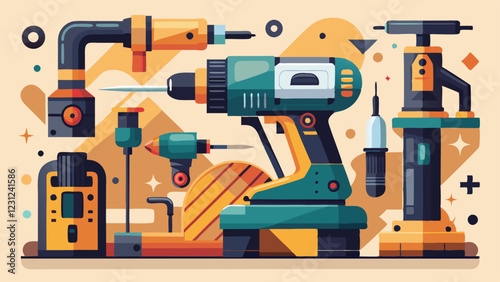 Stylized Power Tools Illustration – Drill, Saw, and Equipment for Construction and DIY Projects