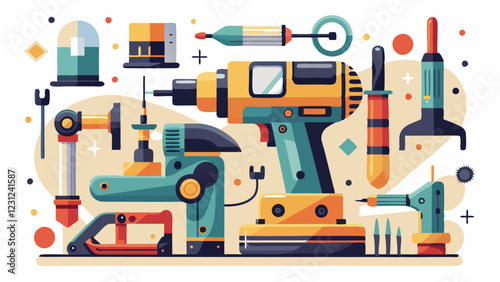 Stylized Power Tools Illustration – Drill, Saw, and Equipment for Construction and DIY Projects