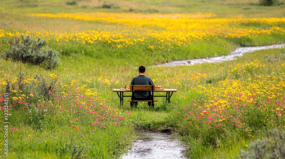 Individual at a Table Surrounded by Vibrant Wildflowers and Stream Individual at a Table Surrounded by Vibrant Wildflowers and Stream
