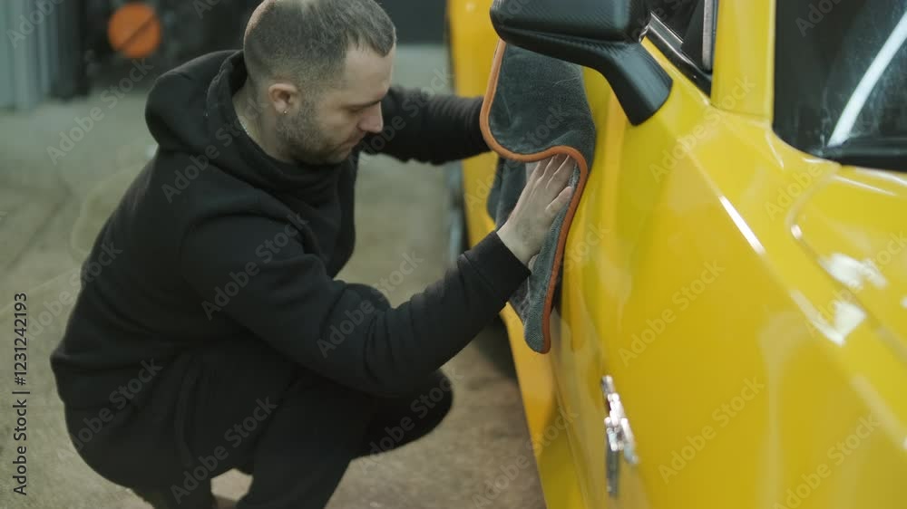Specialist washing a yellow sports car at a car detailing station Specialist washing a yellow sports car at a car detailing station