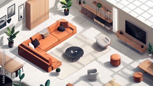 Discover a cozy modern living room featuring stylish furniture, vibrant plants, and abundant natural light. This inviting space showcases clean lines and aesthetic appeal.