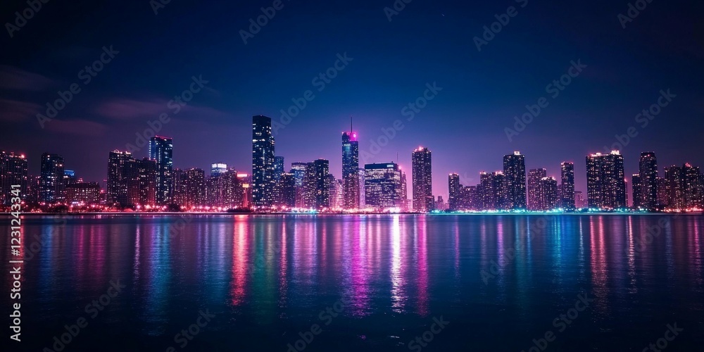 Fototapeta premium Cityscape at Night with Vibrant Reflections
