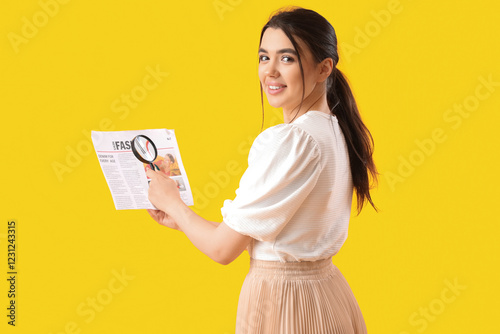 Young woman with magnifier ...
