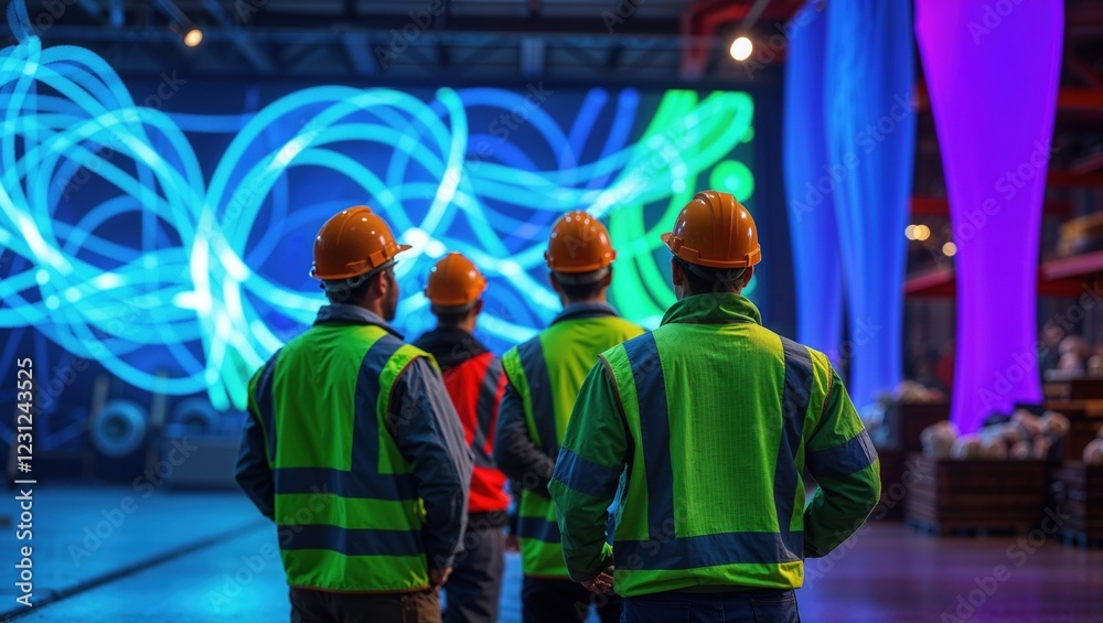 Obraz premium Workers in safety vests observe colorful light installation at warehouse event during evening gathering