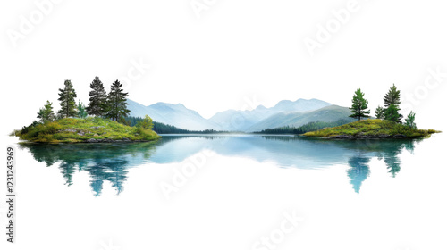 Fototapeta Naklejka Na Ścianę i Meble -  Serene lake reflecting majestic mountains and lush islands with transparent background