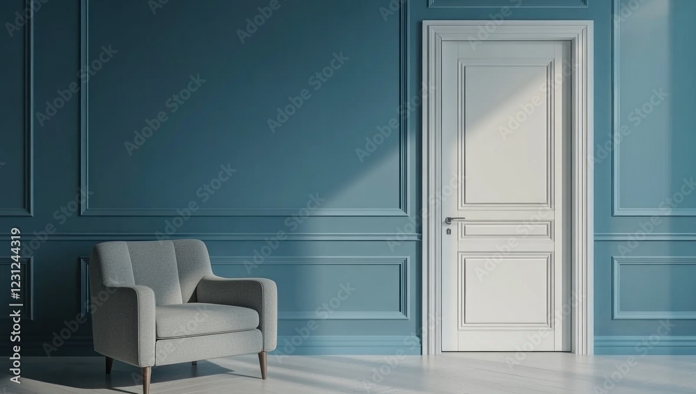 Fototapeta premium Teal room interior with armchair and white door.